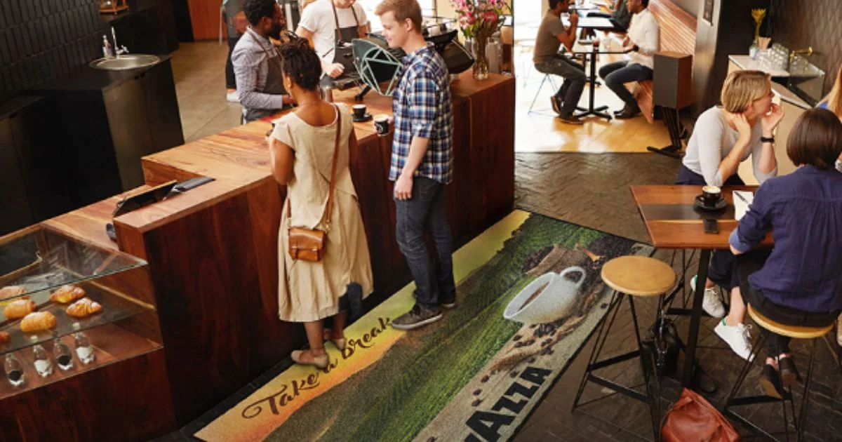 Customers standing at a coffee shop counter with a personalized floor mat displaying a coffee-themed design